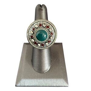 Lucky Brand Statement Ring Size 7 Silver Tone Faux Stones Intricate Design